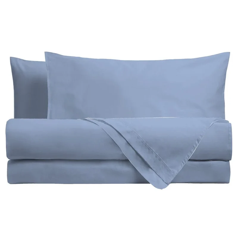 Completo Letto Matrimoniale in Cotone - Tinta Unita Azzurro