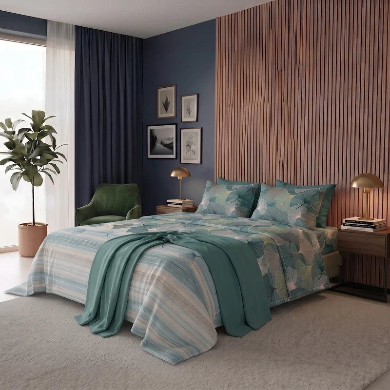 Happidea Completo Letto Matrimoniale in Cotone con Stampa 2 in 1 Gingkoadonis Teal