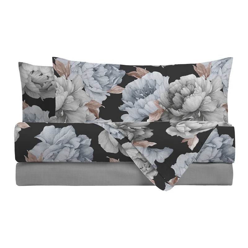 Happidea Completo Letto in Cotone con Stampa Matrimoniale Peony Dark Grey
