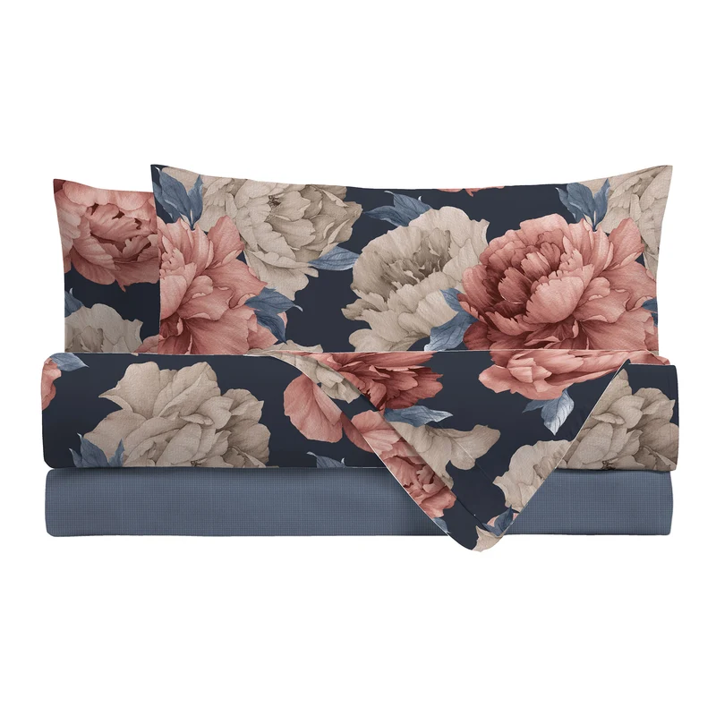 Happidea Completo Letto in Cotone con Stampa Matrimoniale Peony Dark Blue