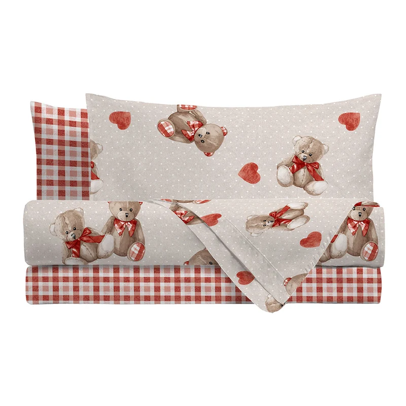Completo Letto Piazza e Mezza in Cotone con Stampa - Fantasia Softy Bear Orsetti Red
