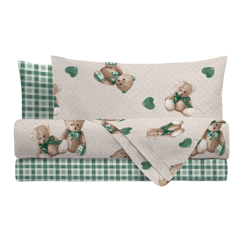 Completo Letto Matrimoniale in Cotone con Stampa - Fantasia Softy Bear Orsetti Green