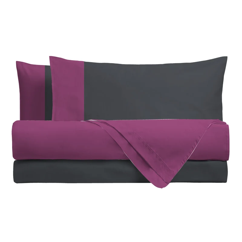 Happidea Completo Letto Matrimoniale in Cotone Bicolore Ciclamino/Bicolore Grafite