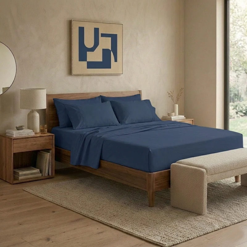 Happidea Completo Letto Matrimoniale in Cotone Tinta Unita Blu Profondo
