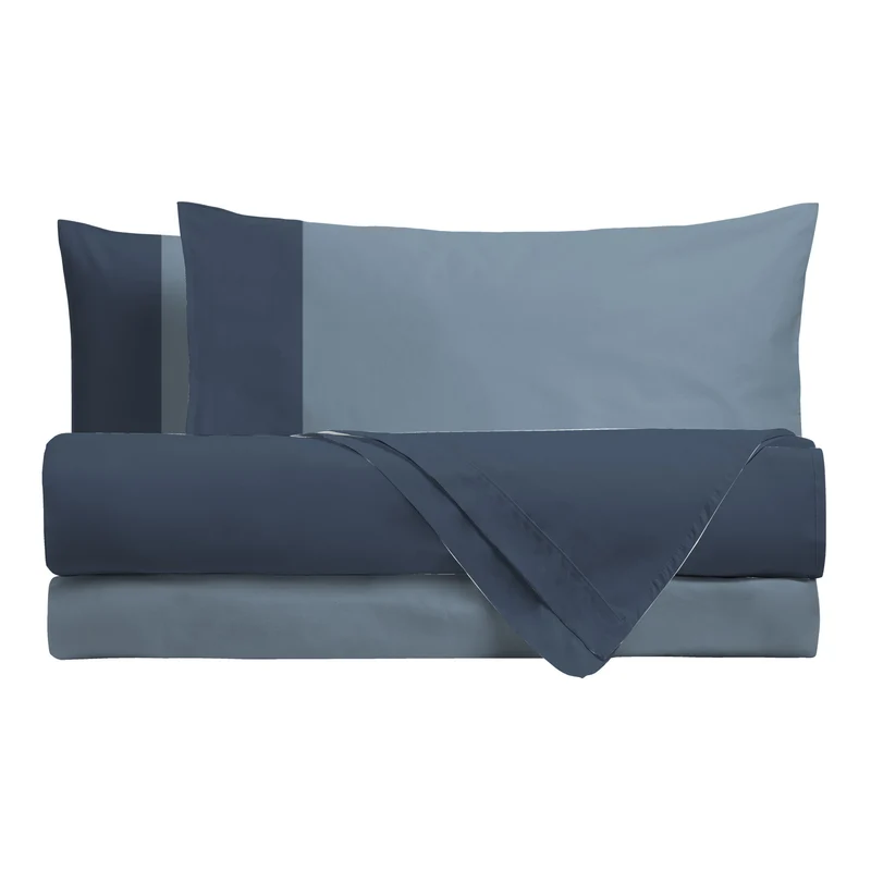 Happidea Completo Letto Matrimoniale in Cotone Bicolore Blu Profondo/Azzurro Polvere