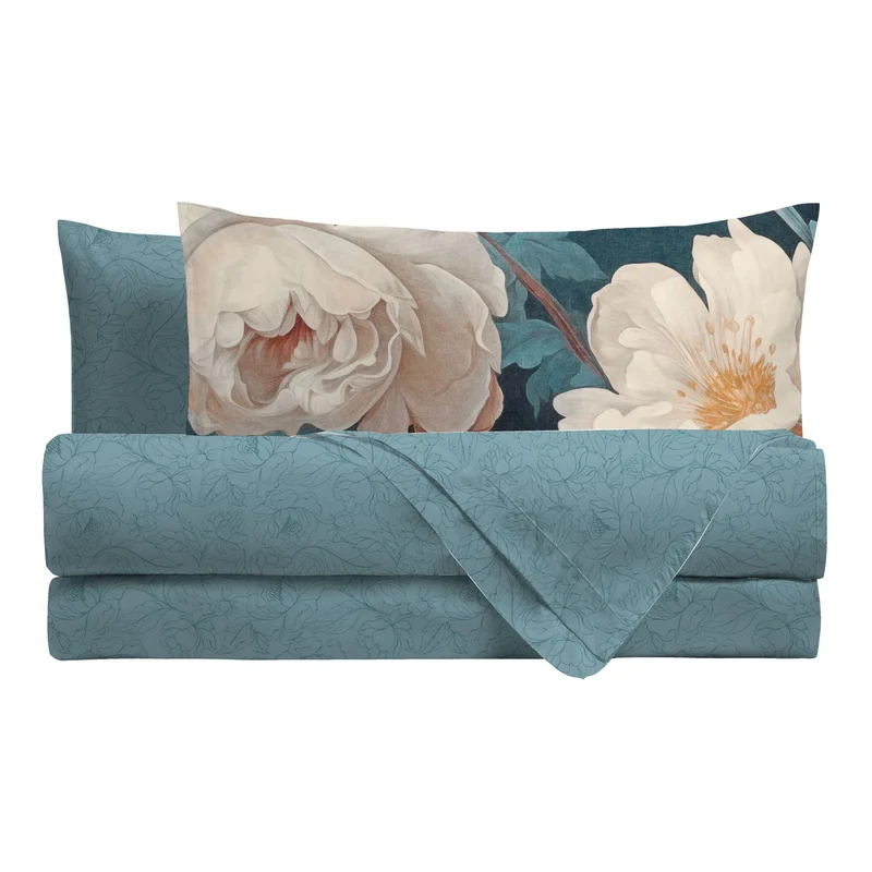 Completo Letto Singolo in Cotone con Stampa Digitale - Fantasia Absinthe Margaux Ottanio