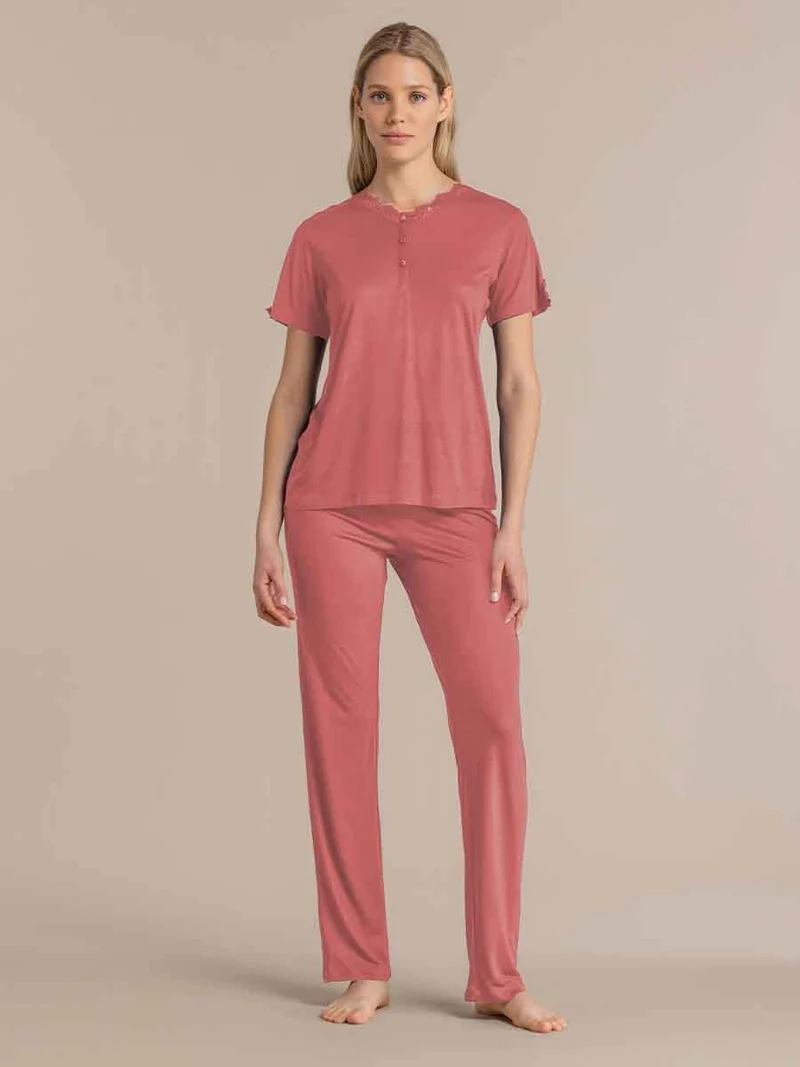 Pigiama Donna in Modal Top con Collo a Tre Bottoni e Pantalone Lungo - Noidinotte