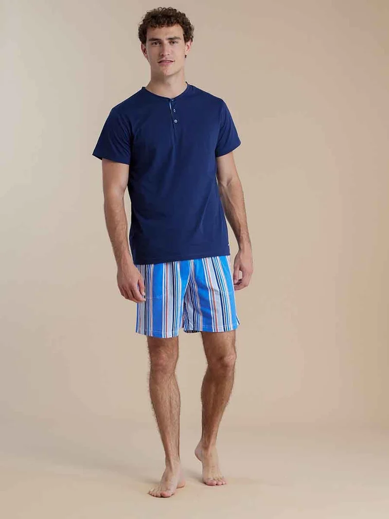Pigiama Uomo in Cotone con Top con Collo Tre Bottoni e Pantaloncino - Noidinotte