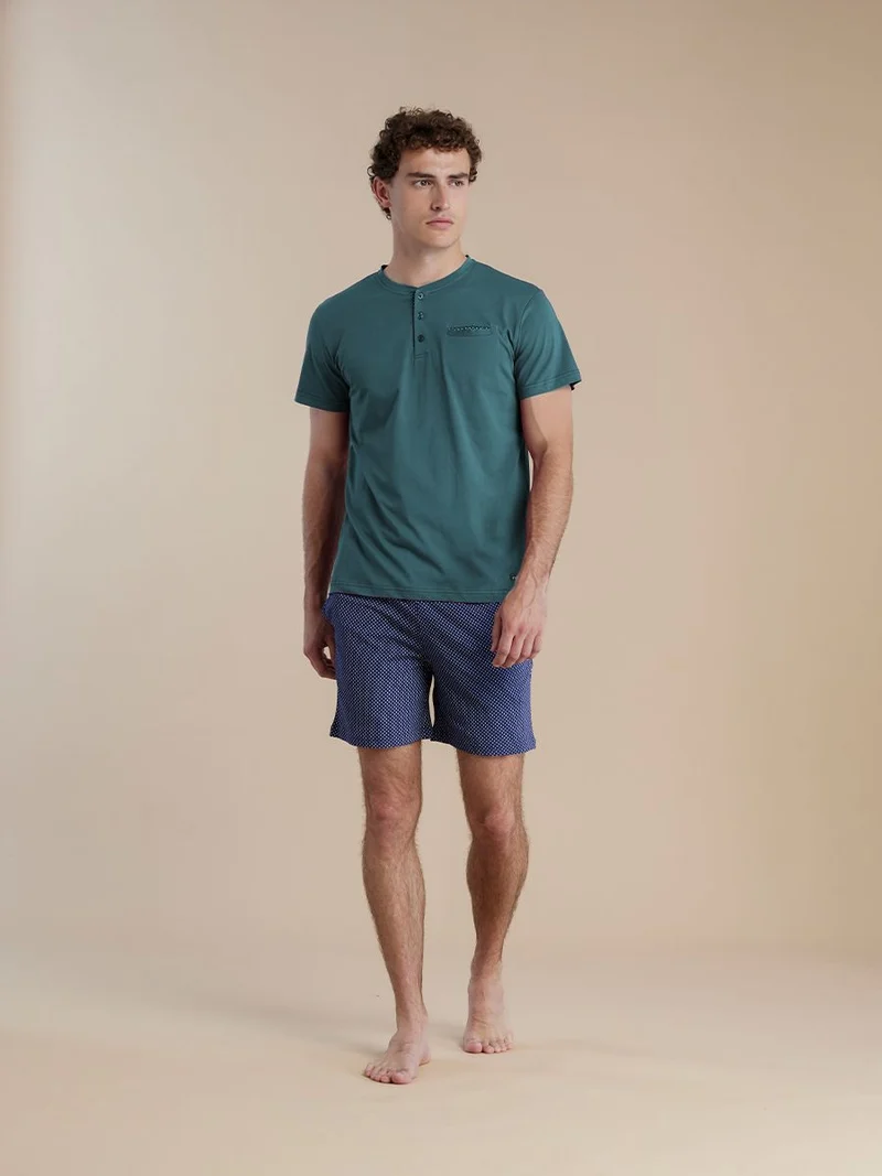 Pigiama Uomo in Cotone con Collo a Tre Bottoni e Pantaloncino a Pois Taglie Plus FC3124 - Noidinotte