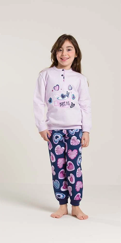 Pigiama felpa bambina 2 bottoni stampa cuoricini - Gary