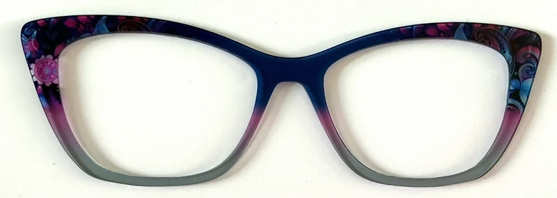 Wanda Topper; semi-translucent blue/pink/green with design in corners