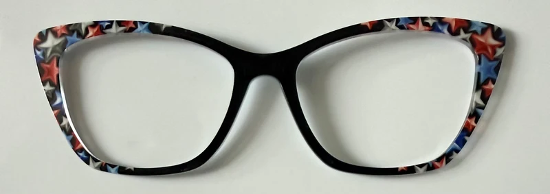 PAIR Wanda Topper; red, blue, silver stars on black vertical fade