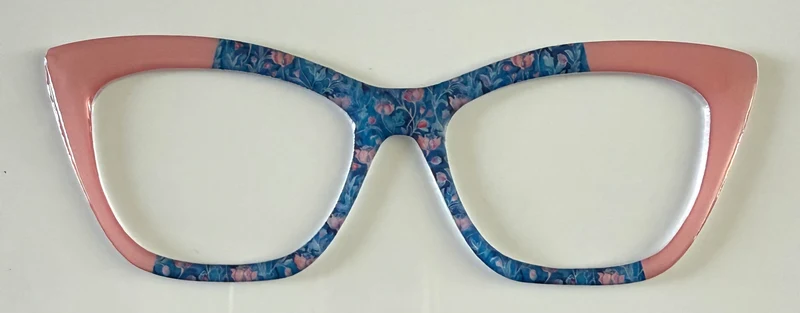 Wanda Topper; Framefetti; blue geometric pattern/peach vertical split