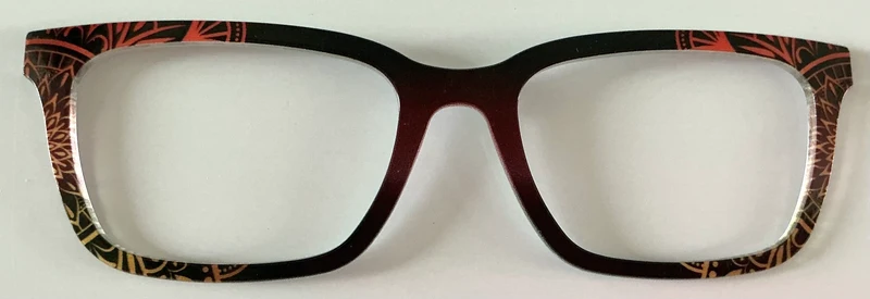PAIR Larkin Topper; red/yellow/orange design to black vertical split